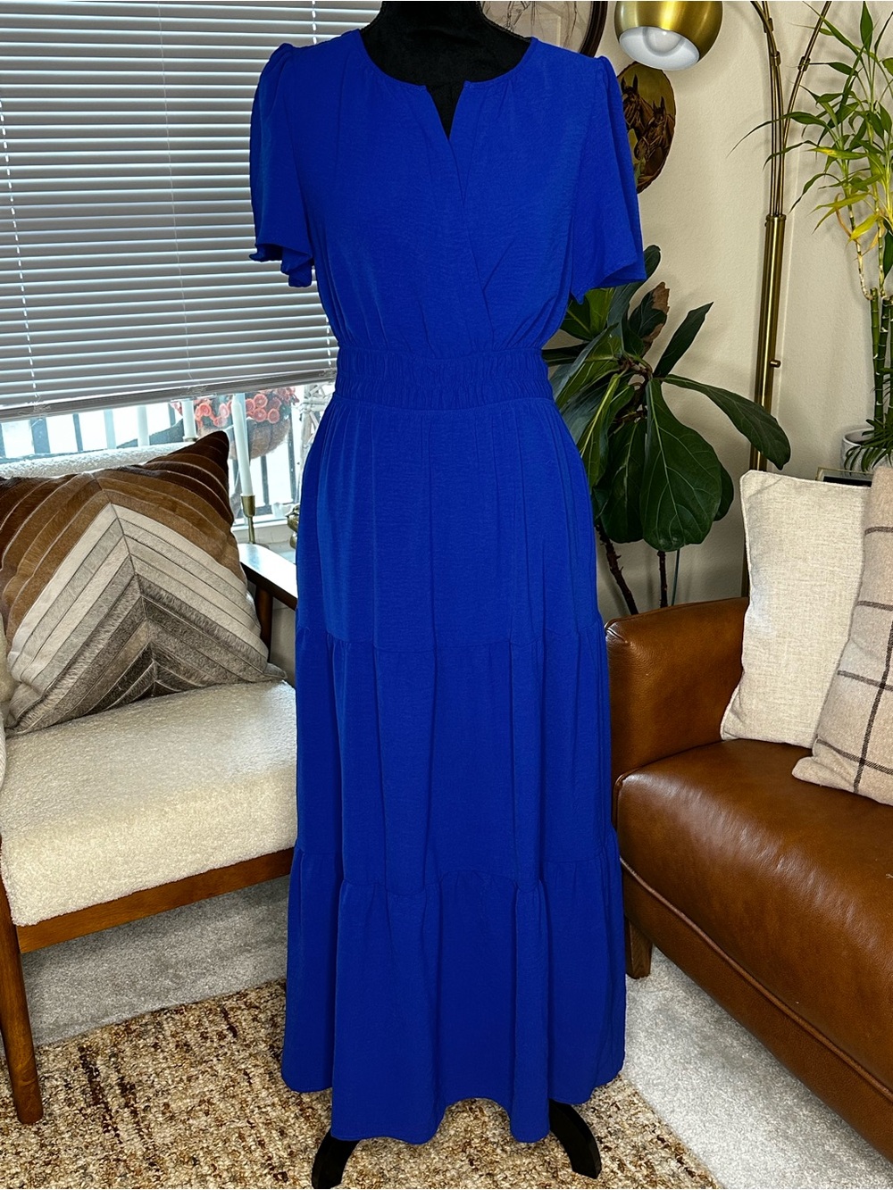 Monteau Cobalt Blue Maxi Dress with Flutter Sleeves